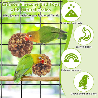 kathson Parakeet Treats, 2 Pcs Pine Cone Bird Chew Toys with Natural Grains, Parrot Snacks Bird Molar Toy Cage Enrichment Foraging Toys for Cockatiels Conures Lovebirds Budgies