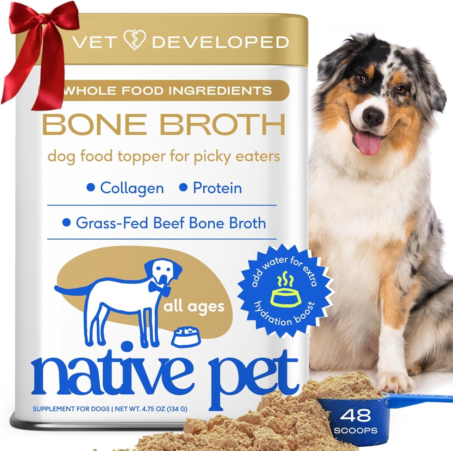 Native Pet Bone Broth for Dogs - Made with Real Beef Bone Broth, Dog Food Toppers for Picky Eaters - Provides Extra Hydration & Nutrition for Joint Strength, Immunity & Heart Health-48 Scoops