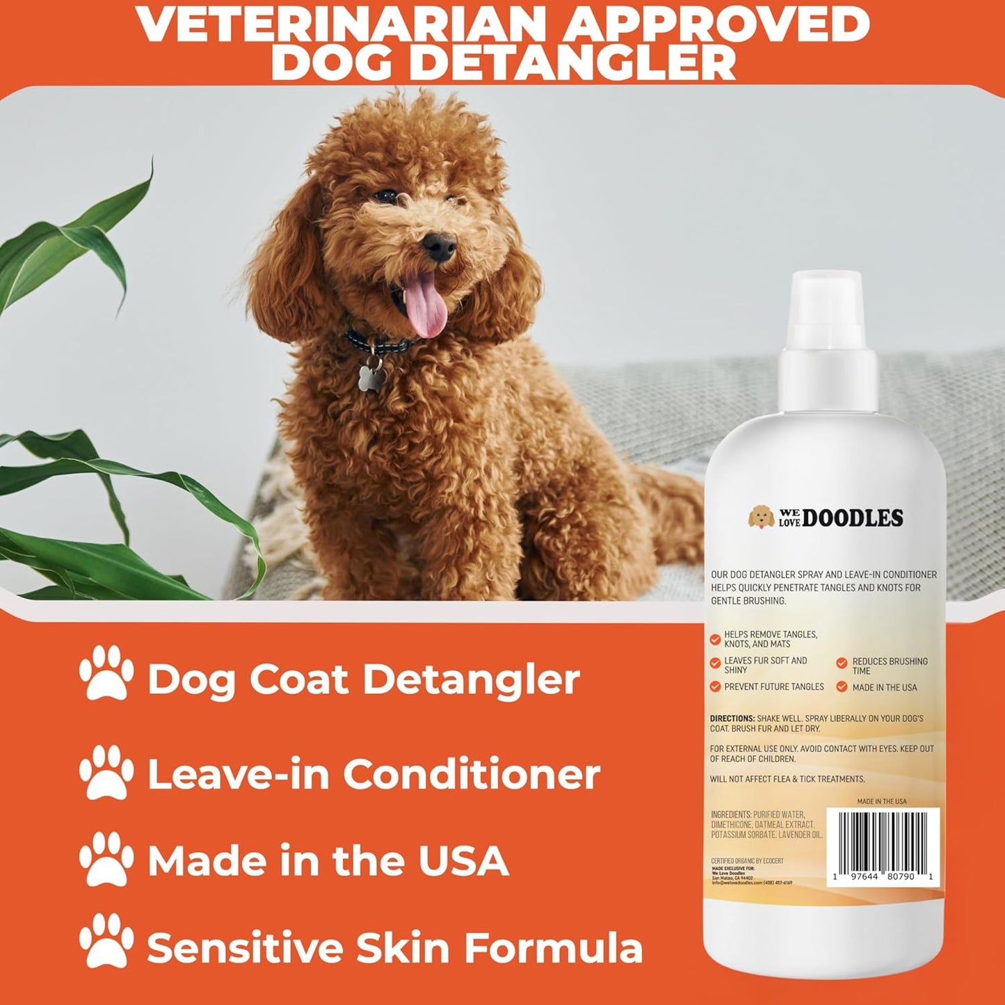 We Love Doodles Dog Detangler Spray - Leave-in Conditioner for Dogs - Dog Detangling Spray - Dematting Spray for Dogs - Tangle Remover - Made in The USA, Large 16 fl oz (Mango)