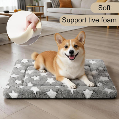 Dog Crate Mat, 4 Piece Reversible Pet Bed, Polyester, Machine Washable, Small Dogs & Cats, Rectangular, 24 x 18 x 1.3 Inches (Gray Star, 24" L x 18" W x 1.5" Th)