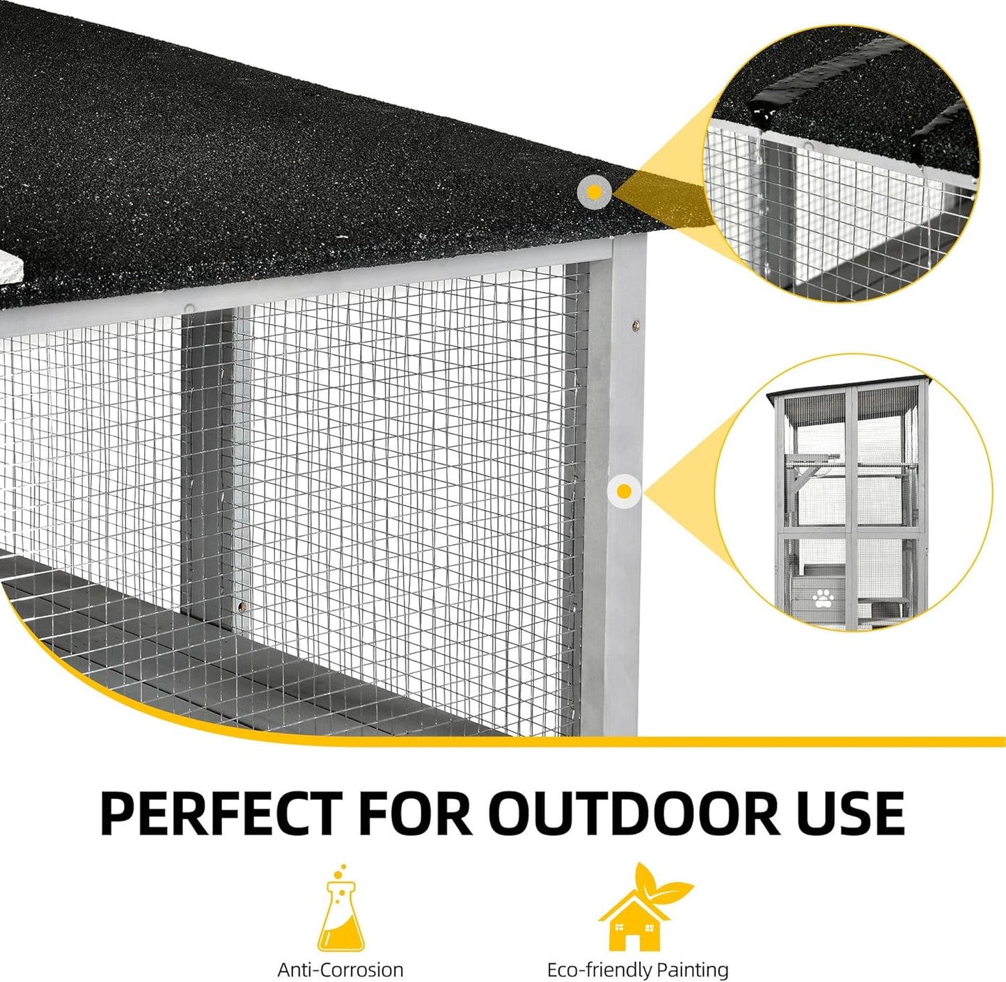 DWVO Cat House Outdoor Catio Kitty Enclosure 71" Walk in Cat Kennel Large Kitten Cage with Platforms, 2 Cats Scratcher Ramp and Small Cats House, Space Capsule Bed