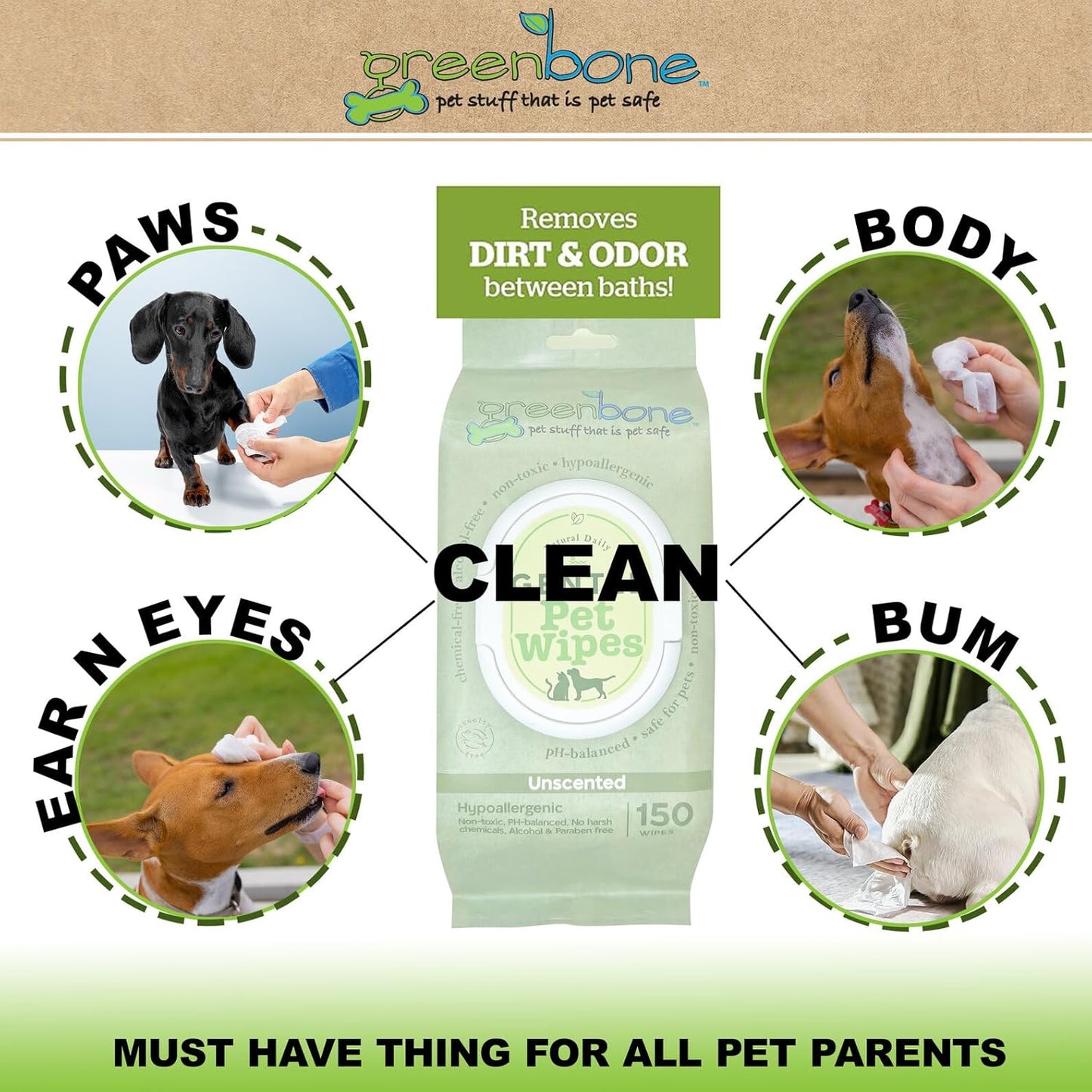 Greenbone Gentle Pet Wipes Unscented 150 Wipes