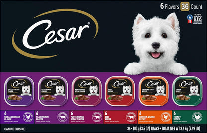 Cesar Wet Dog Food Classic Loaf in Sauce Grilled Chicken, Filet Mignon, Porterhouse Steak, Beef, Chicken & Liver and Turkey Variety Pack 3.5 oz. Easy Peel Trays (36 Count, Pack of 1)