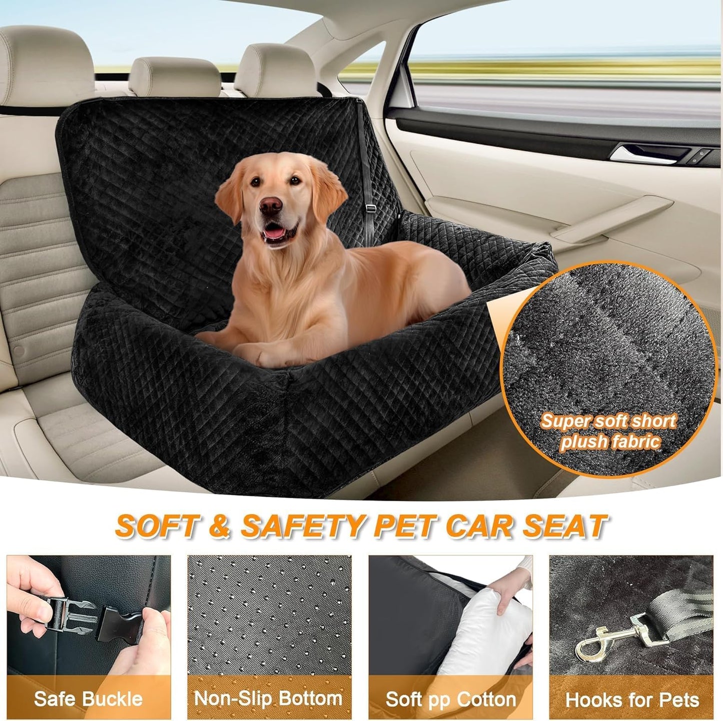 Sephyroth Medium/Large Dog Car Seat - Soft Crystal Velvet Dog Bed with Safety Belt Buckle for Back Seat, Suitable for Dogs 60 lbs or Two Small Dogs