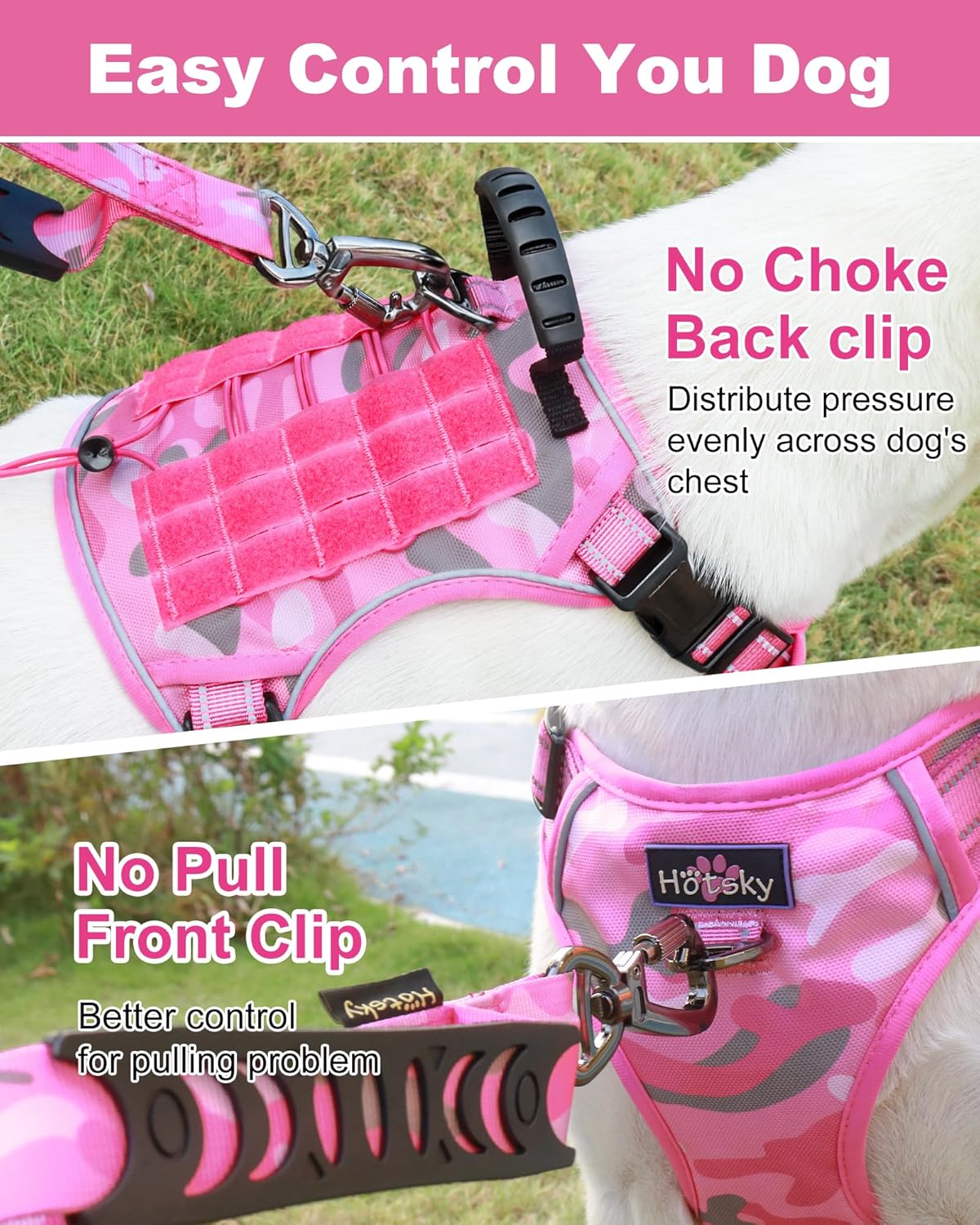Hotsky Tactical Dog Harness and Leash for Medium Dogs No Pull, Adjustable Military Service Dog Vest Reflective Pet Harness with Control Handle Molle System for Dogs Training Walking(Pink Camo, XL)