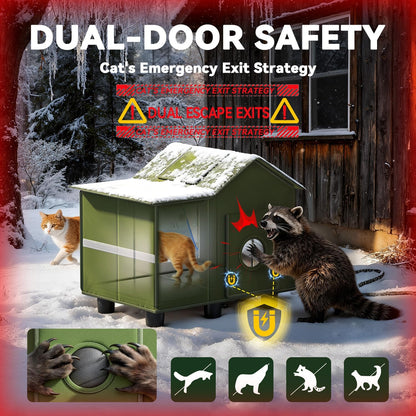 Heated Cat Shelter for Outside, Large Outdoor Cat House with Roof Window and Cozy Cushion, Weatherproof Foldable and Easy Assembly Design, Ideal for Stray and Feral Cats