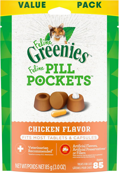 Greenies Feline Pill Pockets for Cats Natural Soft Cat Treats, Chicken Flavor, 3 oz. Pouch (85 Treats)
