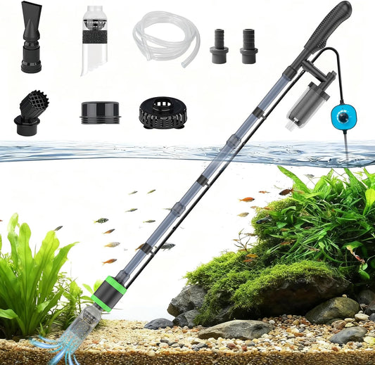 32W Electric Aquarium Vacuum Gravel Cleaner - Strong Suction, Automatic Water Change, Algae Remover, Sand Wash, Water Shower, Water Circulation & Timed Off