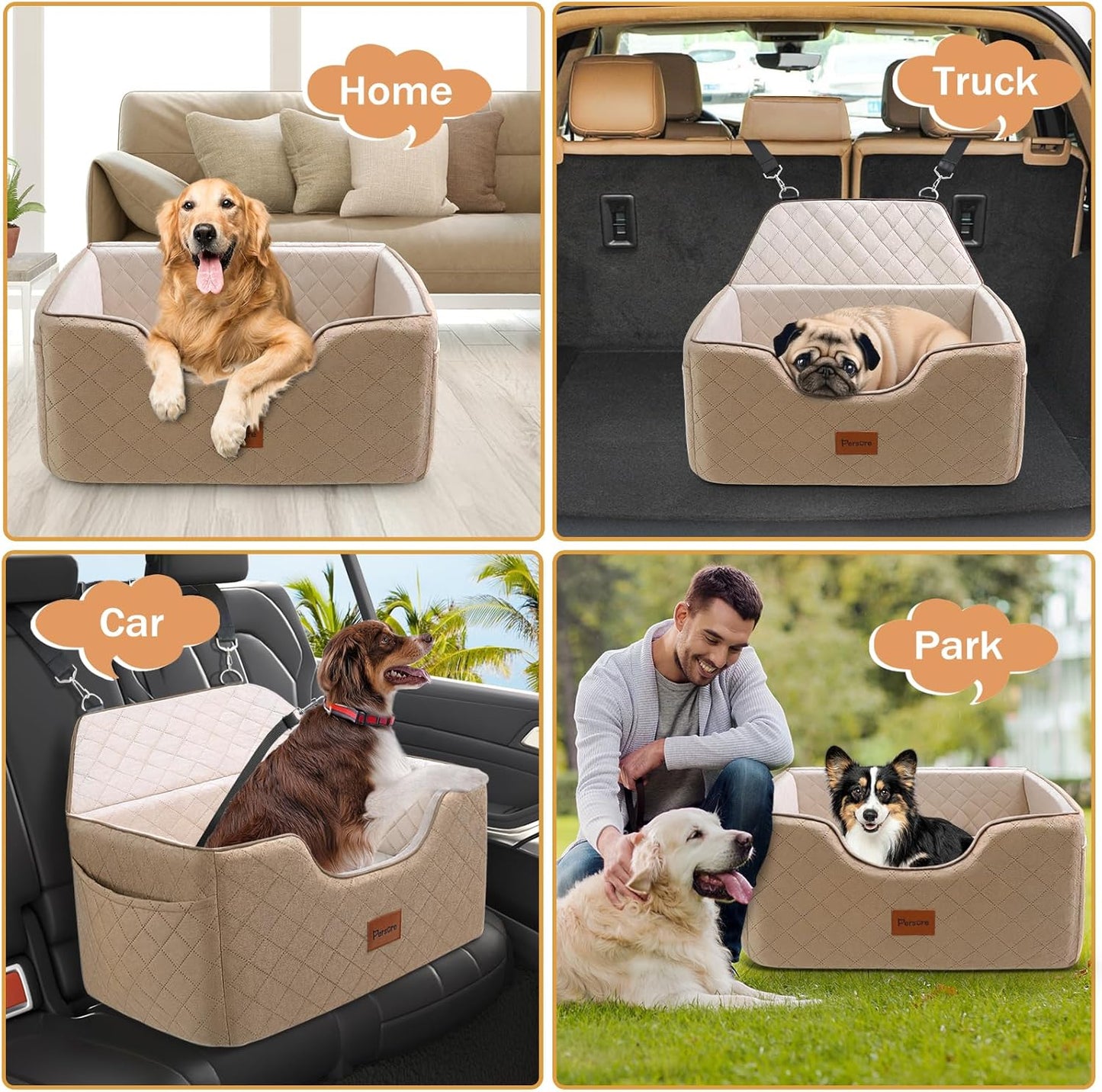 Dog Car Seat for Large-Medium Dogs: Pet Car Seat, Detachable Washable Dog Booster Seat, Pet Travel Bed with Storage Pockets and Dogs Safety Belt (Coffee, Large)