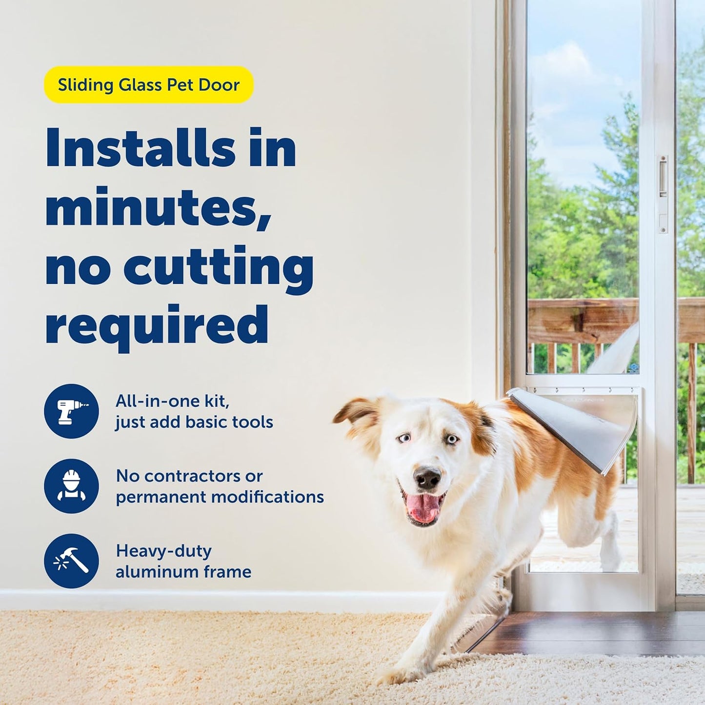 PetSafe Sliding Glass Pet Door - No-Cut DIY Install Doggy Door for Renters - Aluminum Frame - Adjustable Height 75 7/8" to 80 11/16" - Ideal for Large Dogs Up to 100 lb - White