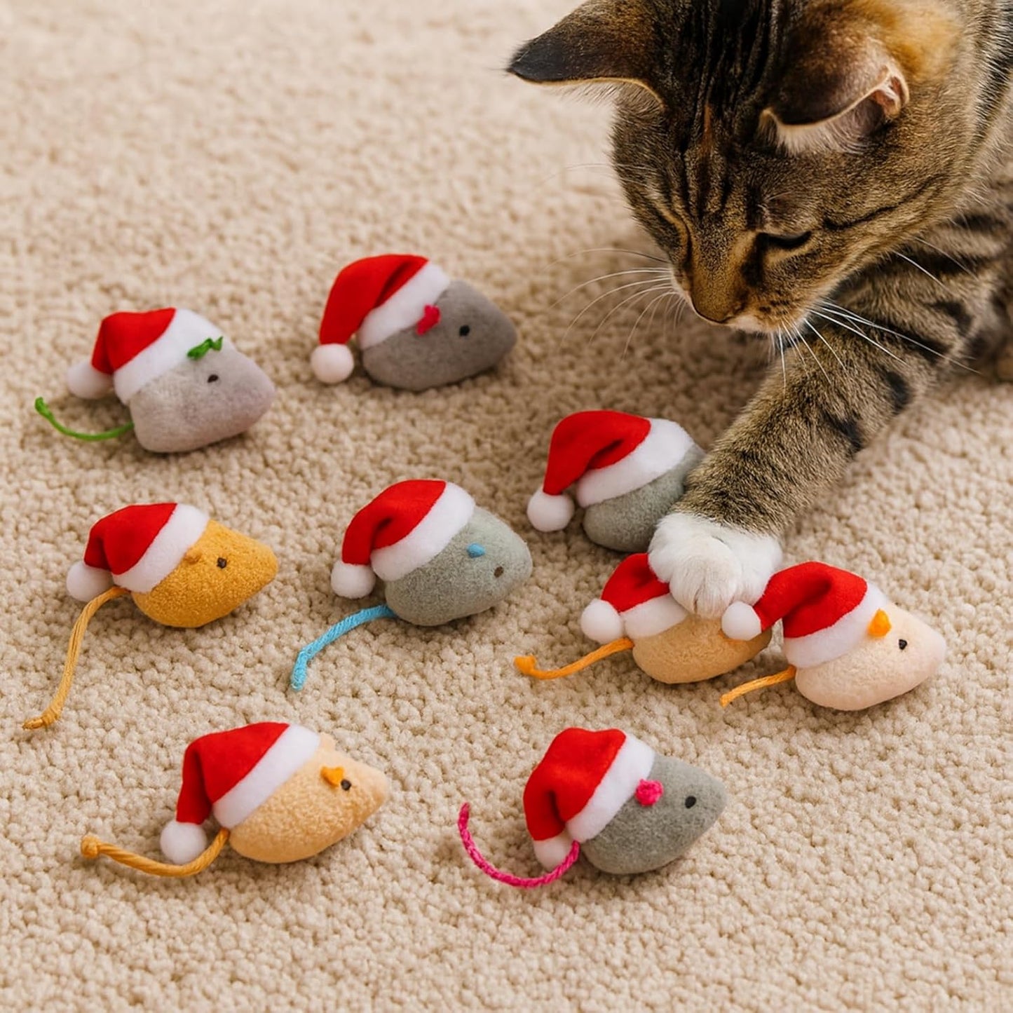 Christmas Catnip Mice Cat Toys – 8 Pack Plush Mice with Santa Hats, Colorful Catnip-Filled Mouse Toys for Indoor Cats and Kittens