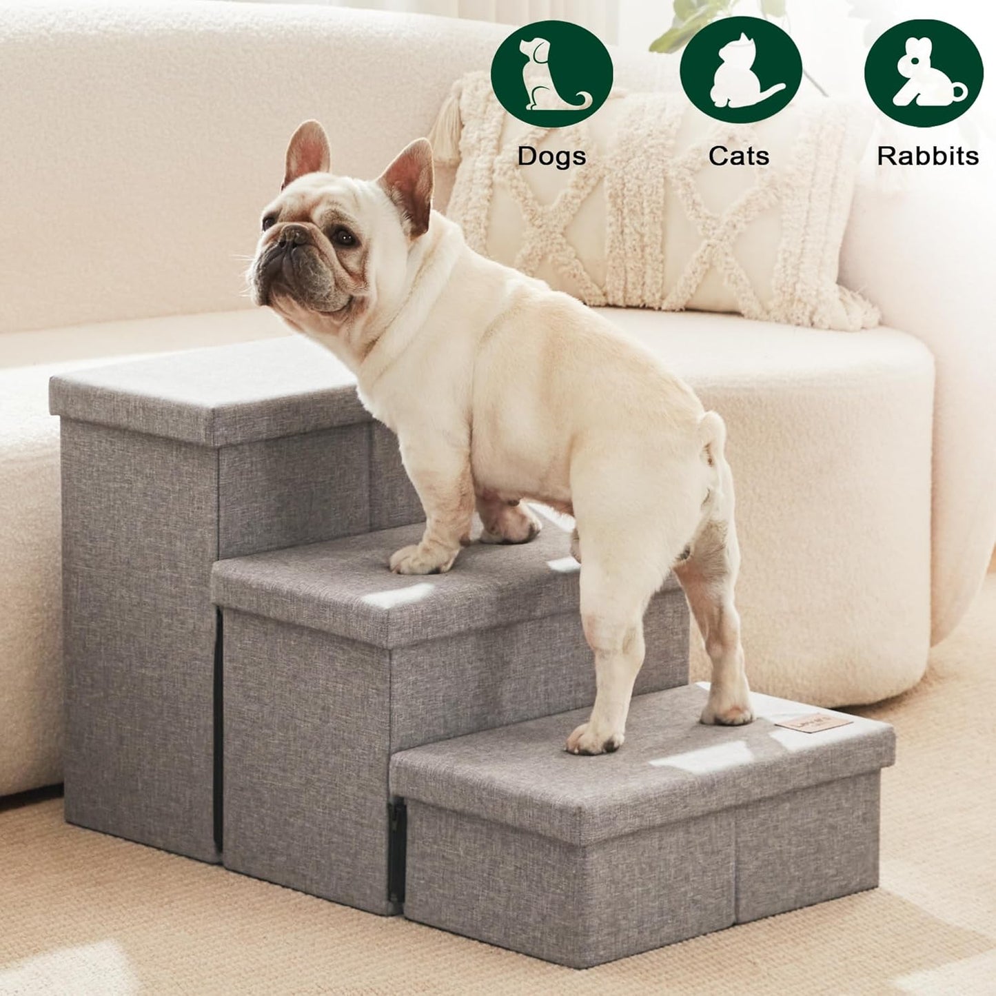 Love's cabin Dog Stairs for High Bed 18"H,Foldable Pet Stairs for Small Medium or Large Dogs Puppy with Storage for Bed or Couch, Cat Dog Steps Ramp with Zip up to 200 lbs(Solid Grey,3 Steps no Condo)