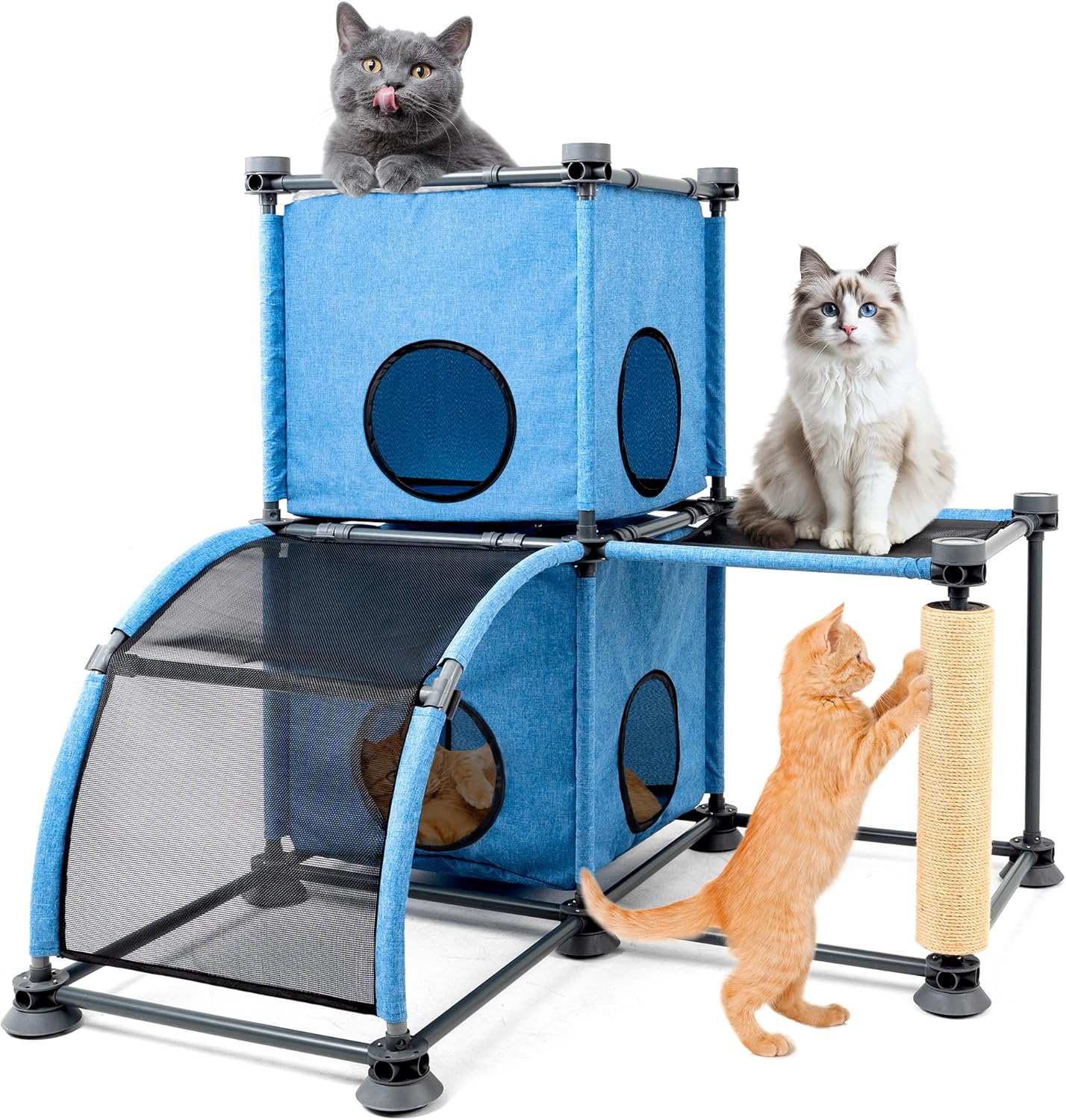 Large Cat Tree with Scratching Post, Ladder & Perches – Multi-Level Cat Climbing Furniture for Indoor/Outdoor Use+Blue/35.43" L x 35.43" W x 37.01" H