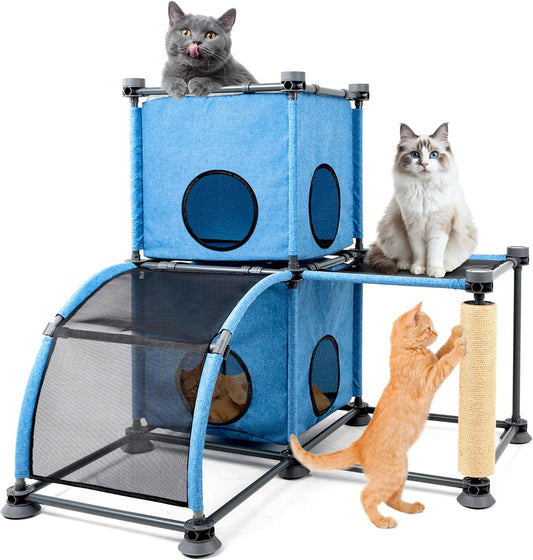 Large Cat Tree with Scratching Post, Ladder & Perches – Multi-Level Cat Climbing Furniture for Indoor/Outdoor Use+Blue/35.43" L x 35.43" W x 37.01" H