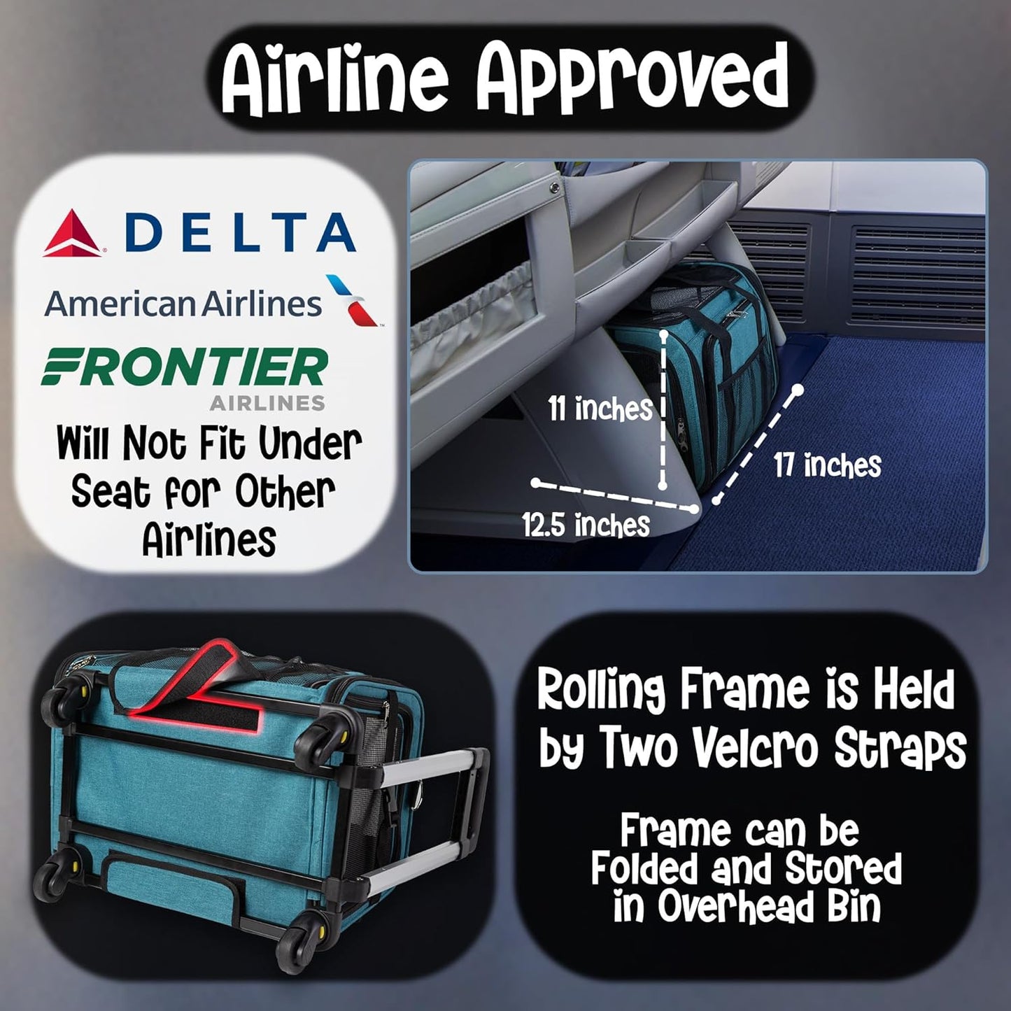 Pet Carrier with Wheels | Delta American Frontier Airline Approved | Two Expandable Sides, Storage Pockets Adjustable Leash | Rolling Dog and Cat Carrier TSA Compliant (Blue 17x12.5x11)