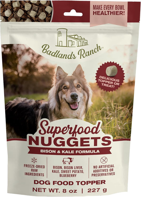 BADLANDS RANCH Superfood Nuggets – Freeze-Dried Raw Dog Treat & Food Topper, Nutrient-Dense Bison & Kale Formula, High Protein, No Artificial Additives, 8oz Bag