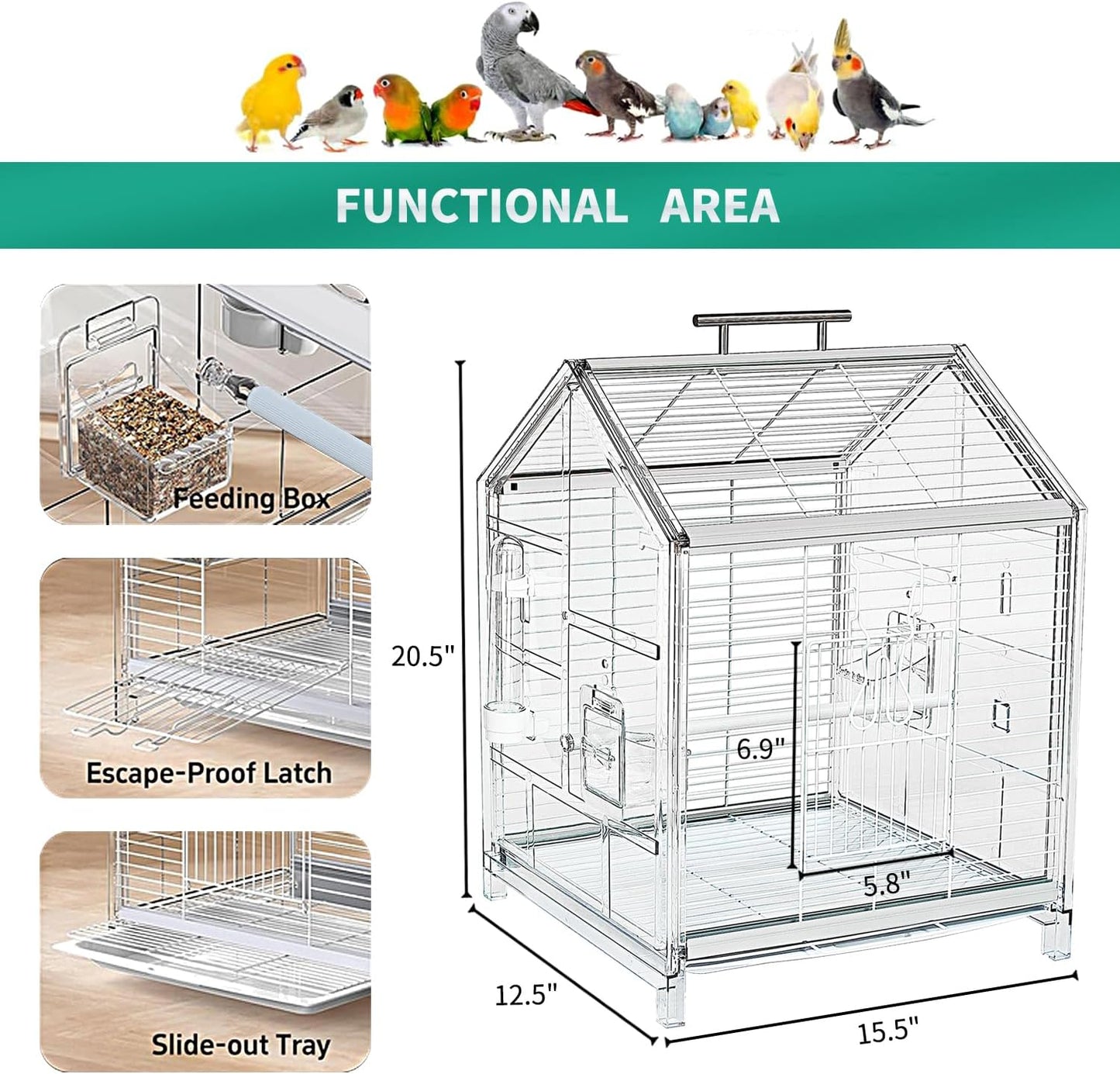 20.5 inch Small Bird Cage, Parrot Cage, Portable Bird Carrier, Travel Carrier Cage for Home, Outing, Pet Clinic, Temporary Placement, for Small Medium Birds(White)
