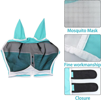 Andiker Soft Mesh Horse Fly Mask with Ears, Breathable Horse Face Mask Protect Eyes and Face (Green, Medium)