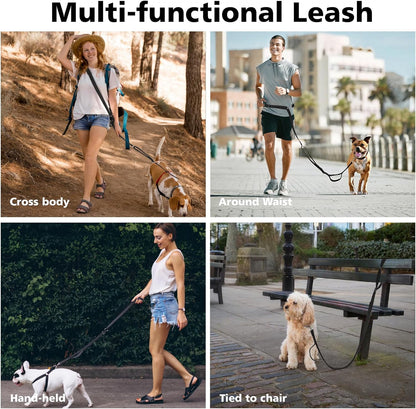 Hands Free Dog Leash, 8.5ft Versatile Crossbody Waist with 3 Rings for Puppy, Small & Medium Dogs, Easy Adjust for Running Jogging Walking, Sponge Handle, Black