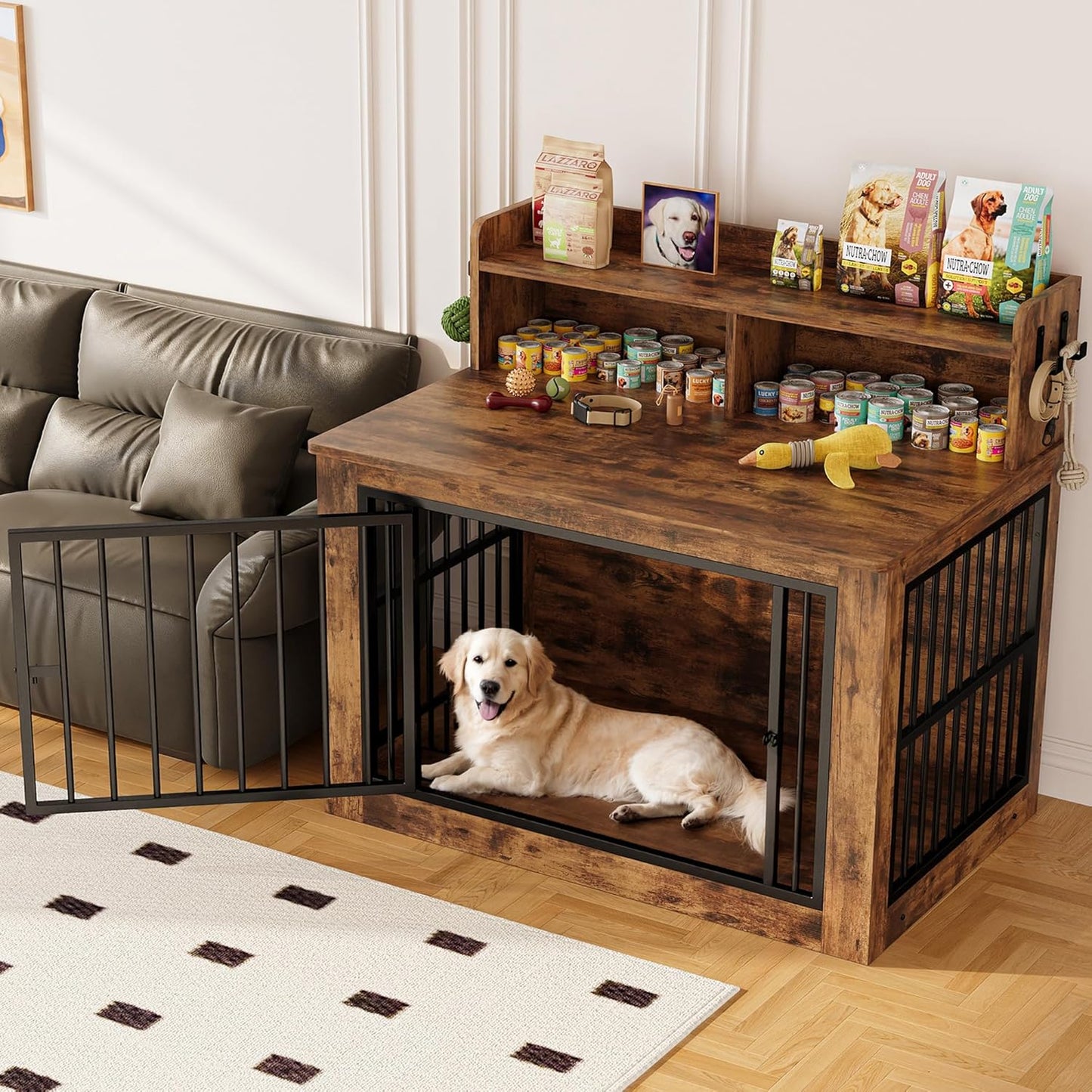 IRONCK Extra Large Dog Crate Furniture, 43.3 inches Wooden Dog Crate with Storage and 4 Hooks, Heavy Duty Pet Crate for Large Dog, Decorative Pet Cage for Indoor (30" L x 43.3" W x 41.1" H)