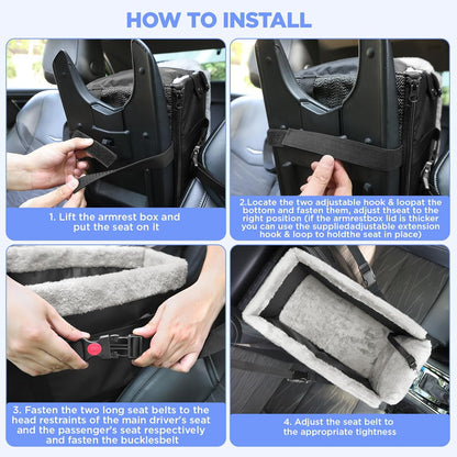 Center Console Dog Car Seat for Small Dogs,Washable Foldable Console Booster Seat for Puppy Car Seat with Safe Protection Hooks Adjustable Straps and Storage Pocket Pet Up to15lbs