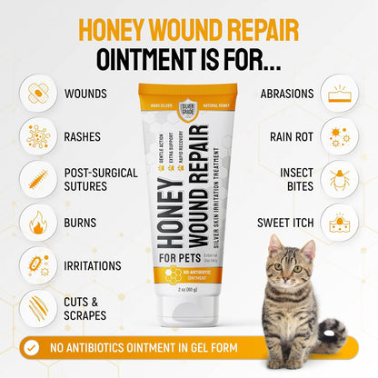 Cat Wound Care Gel for Scratches, Bites, & Irritations – Hot Spot Treatment for Cats & Kittens – Honey Wound Repair Ointment in Gel Form with Colloidal Silver & Honey for Topical Use – 2 Oz Tube