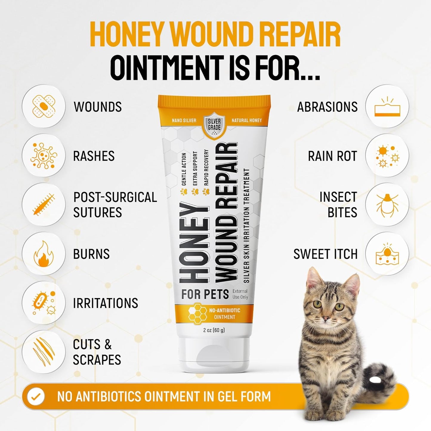 Cat Wound Care Gel for Scratches, Bites, & Irritations – Hot Spot Treatment for Cats & Kittens – Honey Wound Repair Ointment in Gel Form with Colloidal Silver & Honey for Topical Use – 2 Oz Tube