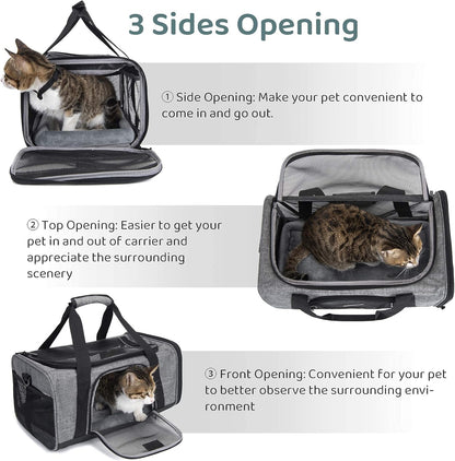 TSA Approved Pet Carrier for Small Cats Dogs, Travel Bag with Adequate Ventilation, 5 Mesh Windows, 3 Entrance, Locking Safety Zippers, Padded Shoulder and Carrying Strap, Small