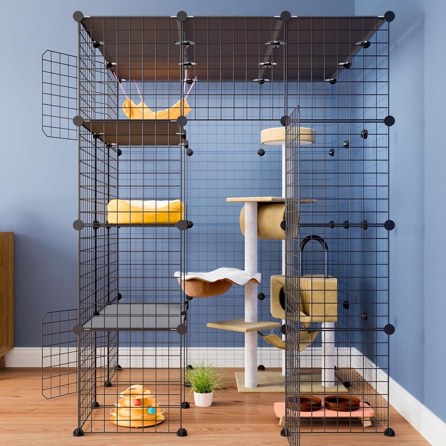 Large Cat Cage, Enclosures Indoor with Balcony, DIY Playpen Detachable Metal Wire Kennels Crate 3x3x4 Large Exercise Place Ideal for 1-3 Cats