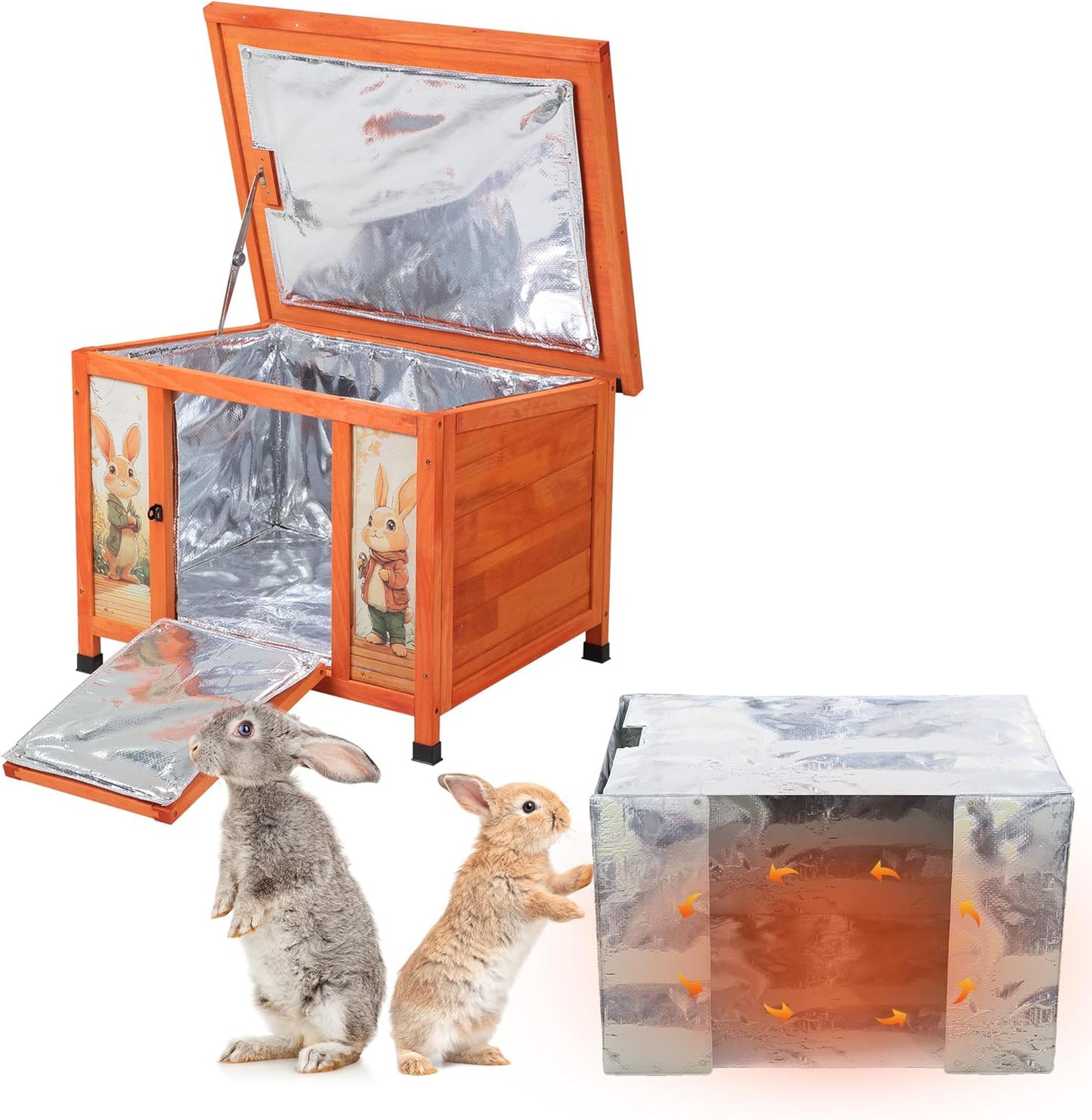 COZIWOW 24 Inch Rabbit Hutch with Insulation Layer, All-Weather Wooden Bunny Cage, Indoor Outdoor Weatherproof Pet Shelter for Winter, Rabbits/Cats/Chicken, Orange