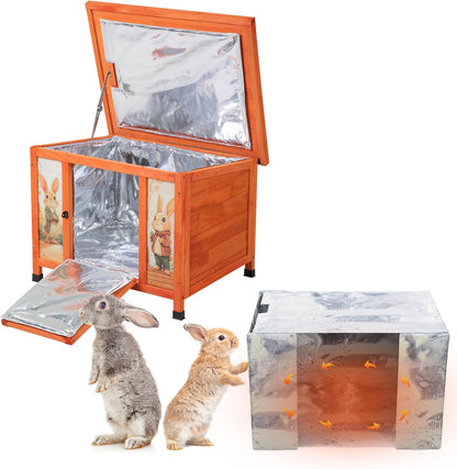 COZIWOW 24 Inch Rabbit Hutch with Insulation Layer, All-Weather Wooden Bunny Cage, Indoor Outdoor Weatherproof Pet Shelter for Winter, Rabbits/Cats/Chicken, Orange