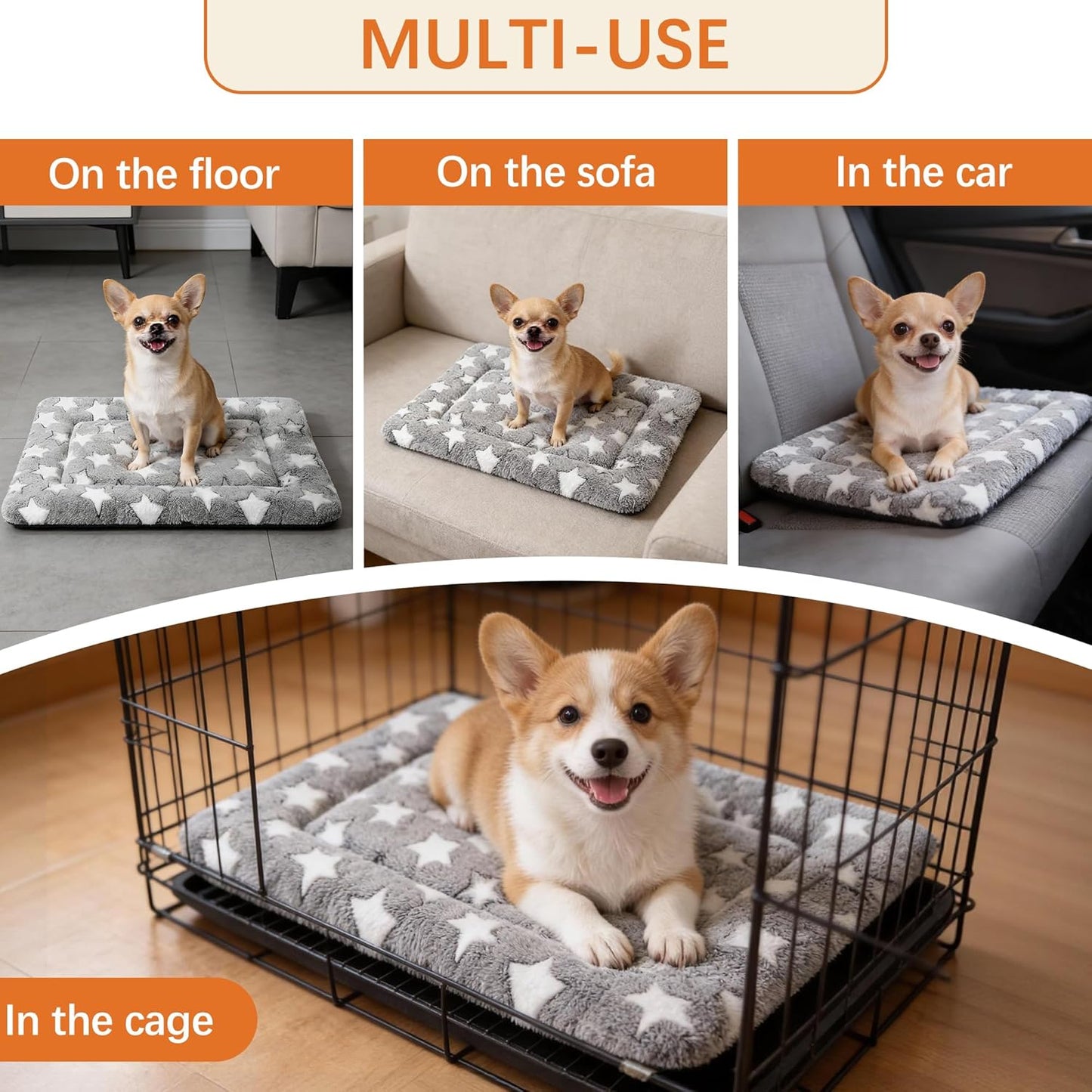 Dog Bed Mat, Reversible Crate Pad & Cute Dog Bed - Machine Washable Kennel Mat with Ultra Soft for Small Dogs (Cool/Warm), 24" x 18", Grey&Star
