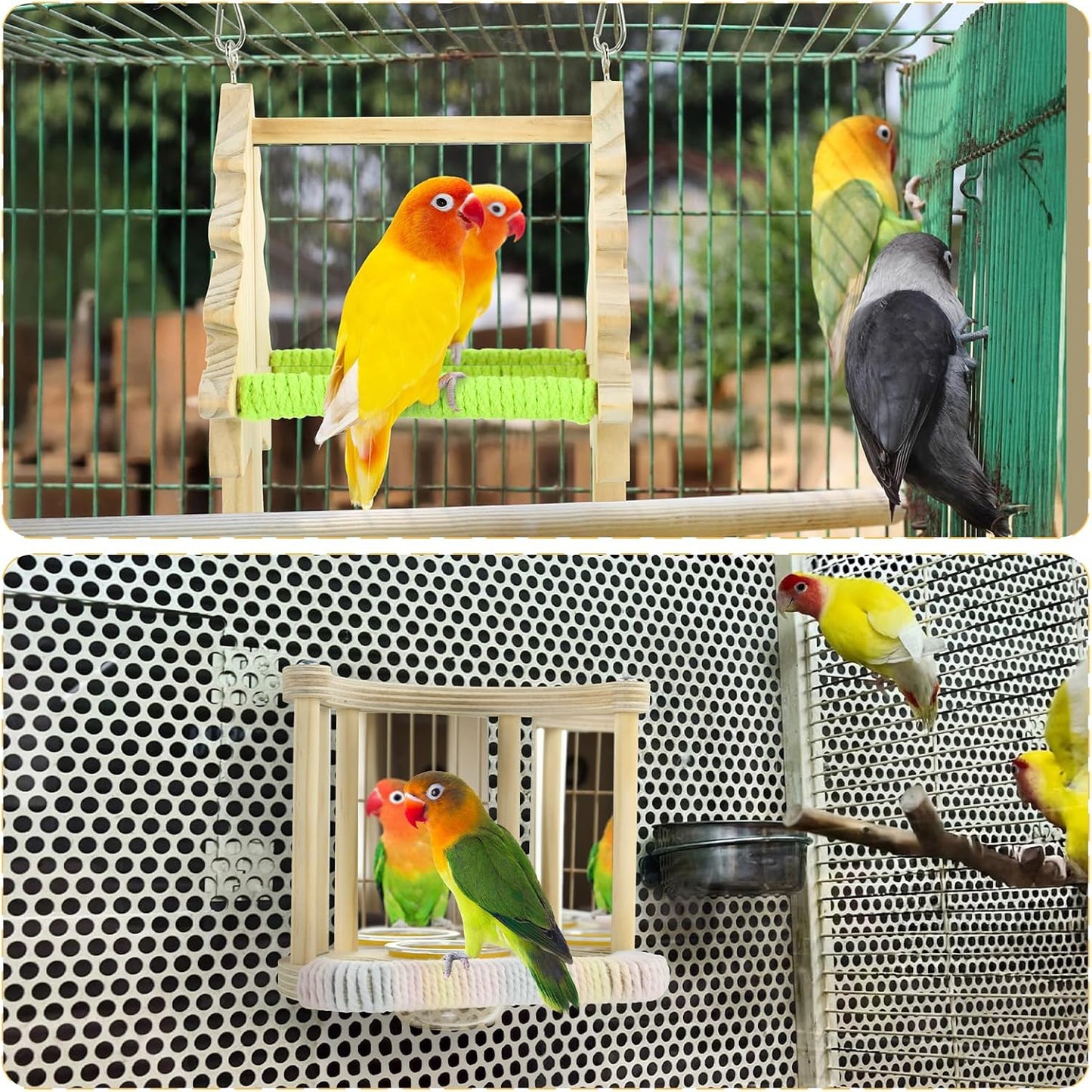 Parakeets Pine Perch Toy Wooden Swing with Acrylic Mirror for Cockatiels, Budgies, Conures, and Small Parrots Bird Cage Accessories for Chewing and Exercise (Tree)