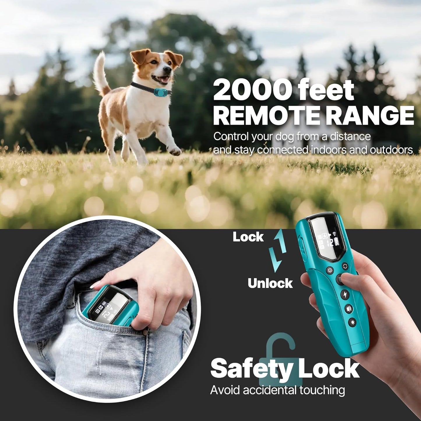 Tiniest Small Dog Shock Collar, Lightest Dog Training Collar with 2000ft Remote, Tailored for Small Dogs 5-15lbs & Medium Large Dogs, Beep, Vibrate, Shock, Lighting, Waterproof, Rechargeable，Cyan