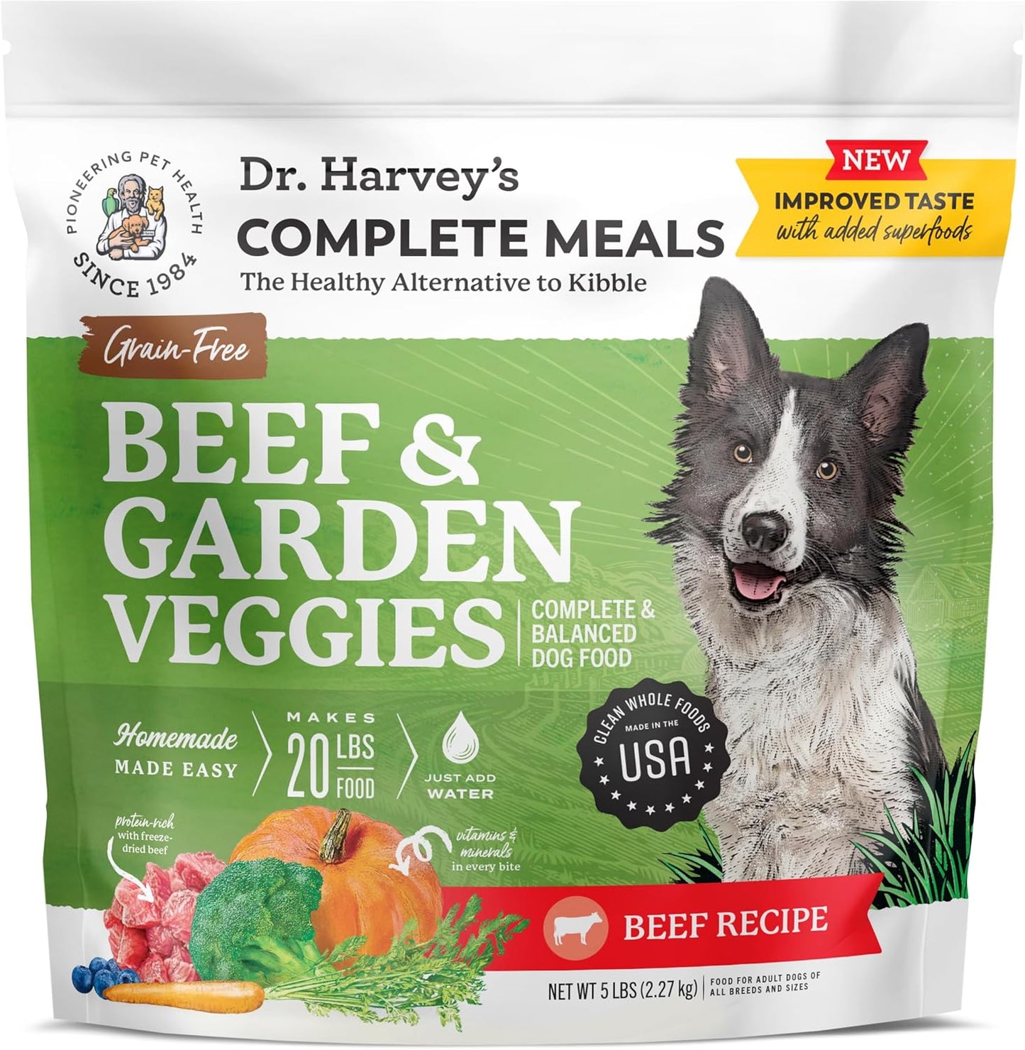 Dr. Harvey's Beef & Garden Veggies Dog Food, Human Grade Grain-Free Dehydrated Food for Dogs with Freeze-Dried Beef (5 Pounds)