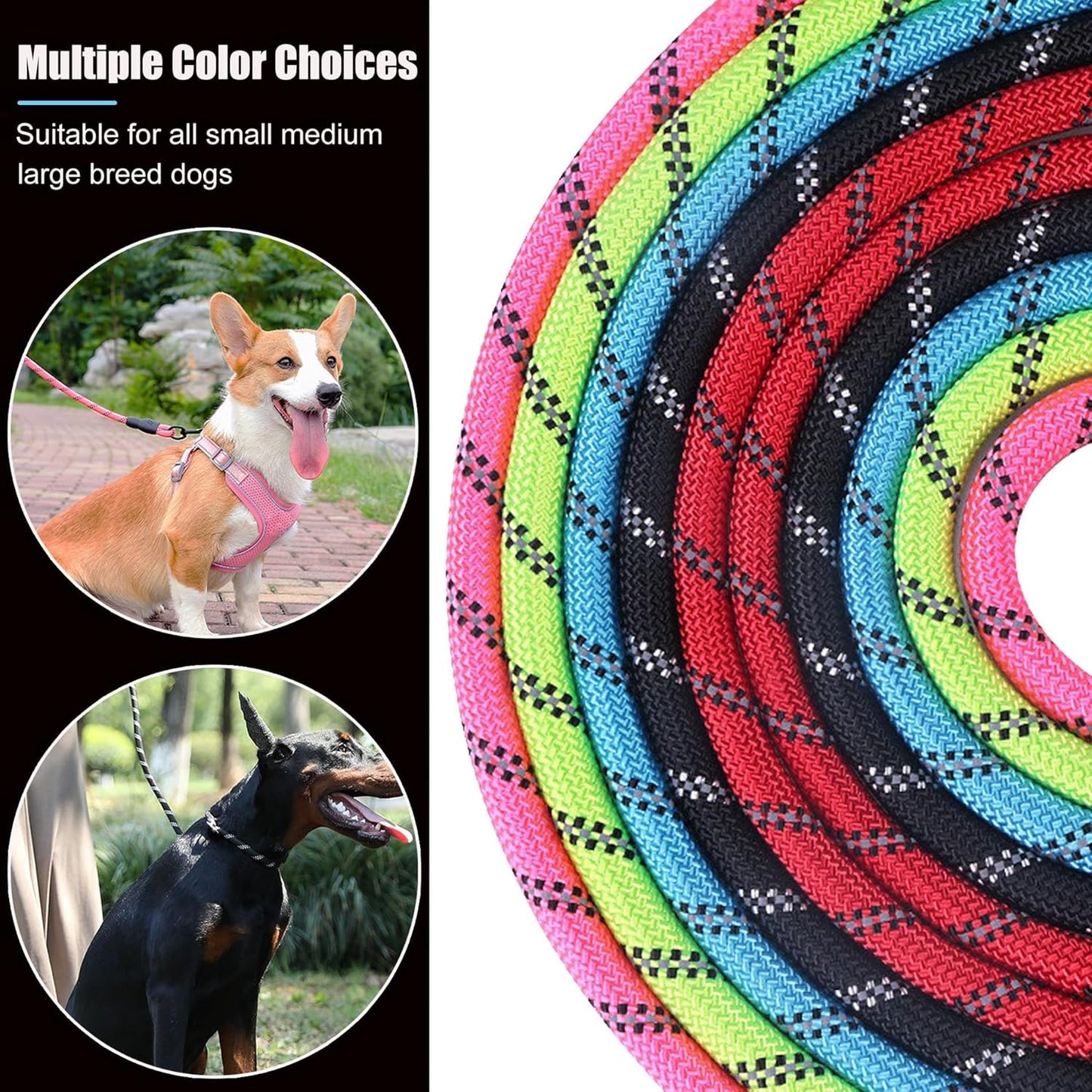 2 Pack Dog Leash, 4/5//6 FT Heavy Duty Nylon Rope Pet Leashes with Comfortable Padded Handle, Reflective Dog Leashes for Small Medium and Large Dogs (5FT-1/2,Black/Black)