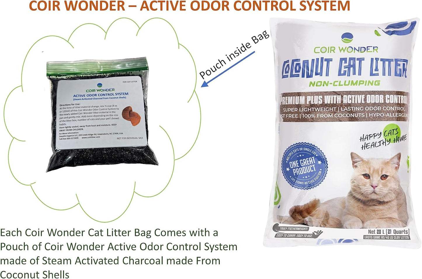 Coconut Husk Cat Litter – Lightweight, Natural & Non-Clumping - Coconut Coir Litter for Cats, Pets & Chicken Coops - Low Dust, Activated Charcoal Odor Control, Biodegradable