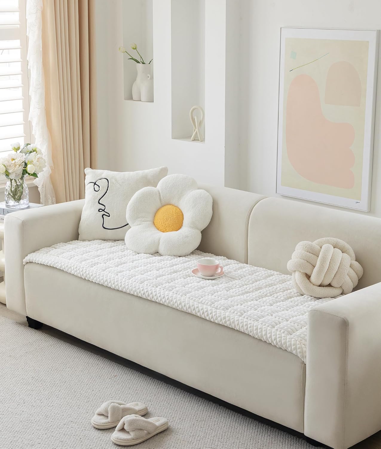 Couch Cover for Dogs Washable, Fuzzy Pet Cover for Sofa, Covers for 3 Cushion Couch Pet Friendly, Non Slip Dog Bed Mat Blanket (White, 27.6x70.9 inch)