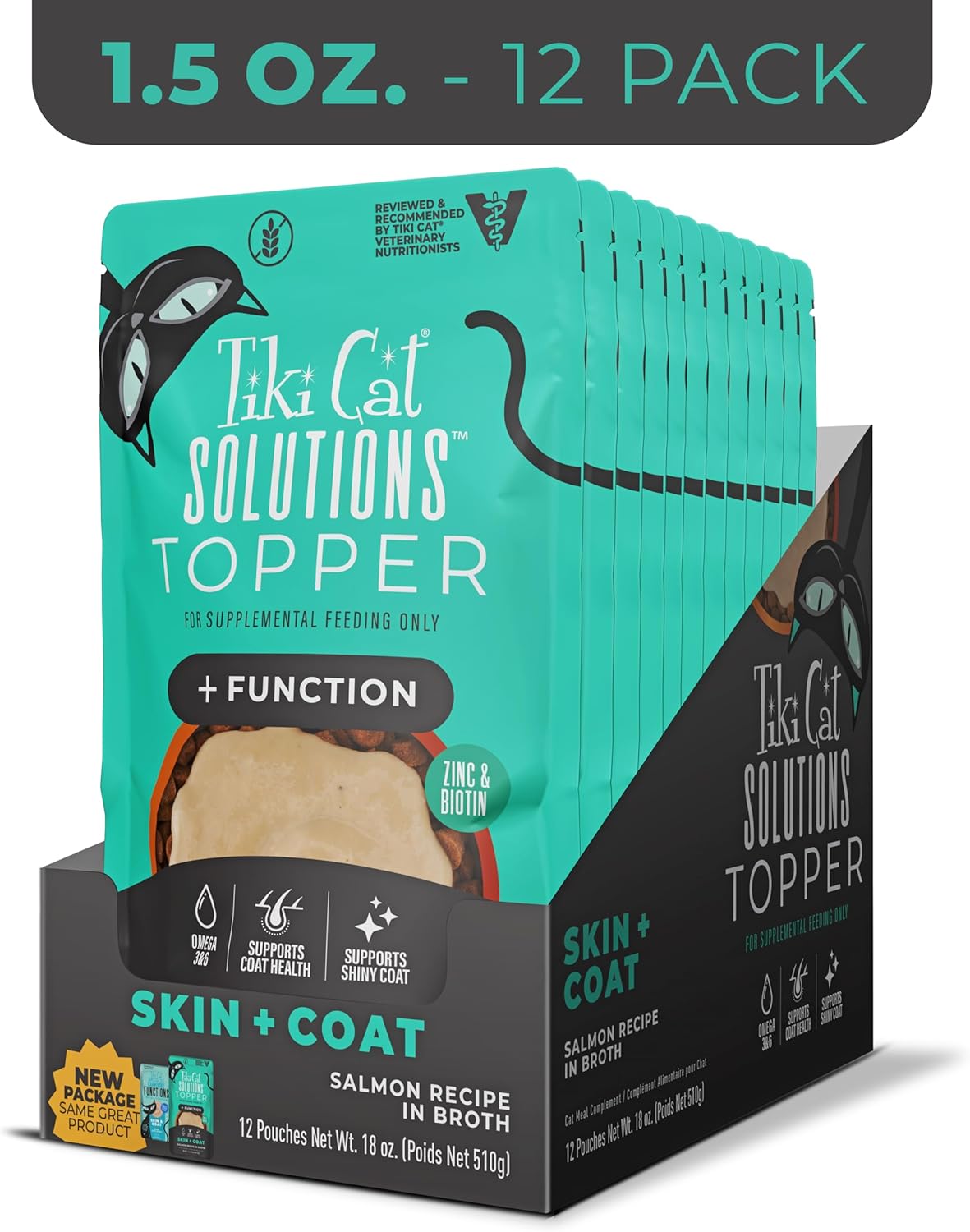 Tiki Cat Solutions Topper, Skin + Coat, Salmon Recipe in Broth, 1.5 oz. Pouch (12 Count)