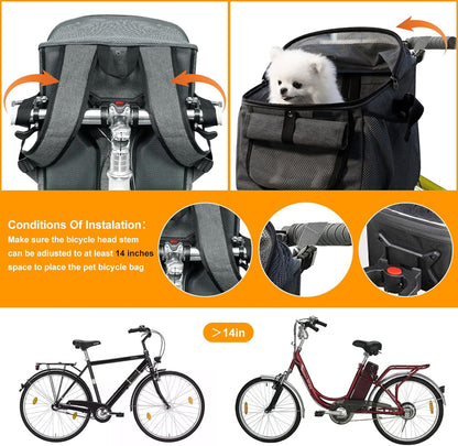 Dog Bike Basket Carrier, Foldable Soft-Sided Pet Carrier Backpack with Mesh Windows, Pet Travel Bag,Dog Backpack Carrier Safe and Easy for Small Medium Cats and Dogs (Grey)