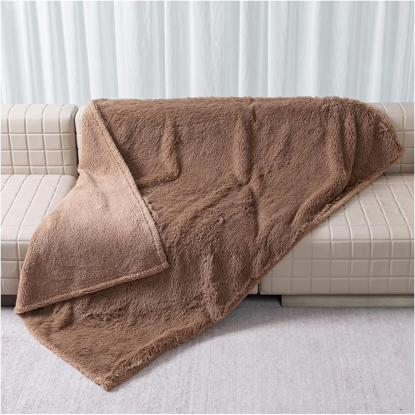 Winter Brown Waterproof Calming Pet Blankets for Dogs Waterproof Long Faux Fur Fluffy Blanket for Doggie Cats Sherpa Fleece Warm Couch Sofa Beds Covers(Brown,L-65x57in)