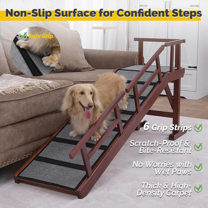 Dog Ramp for Bed or Couch, Wooden Pet Ramp with 20° Gentle Slope, Removable Side Rails, Non-Slip Surface, Top Platform & Wheels, Safe Bed Ramp for Small, Medium & Senior Dogs, 60" Long, Mahogany