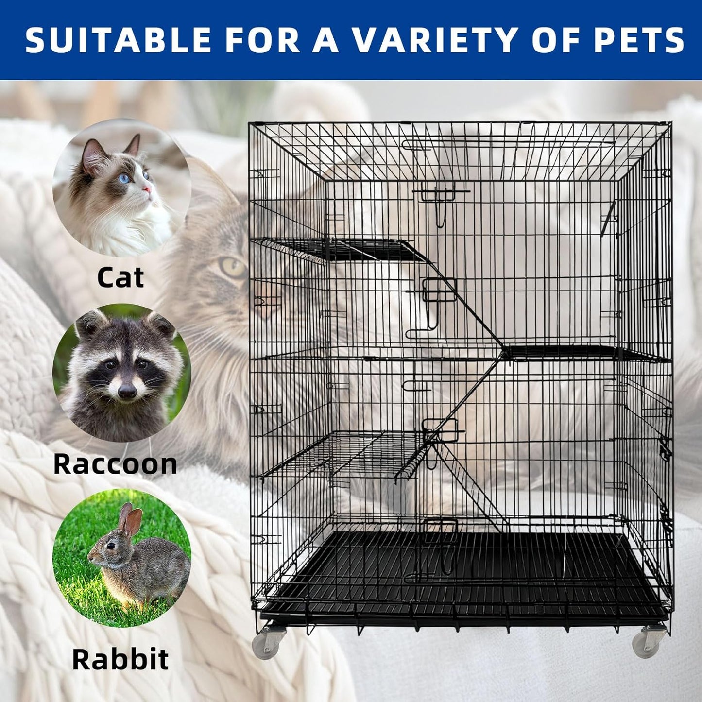 Cat Cage Large 4-Tier Indoor Cat Enclosure with Removable Tray & 2 Ladders, Foldable Metal Wire Cat Playpen with 360° Wheels, for 1-2 Cats & Small Pets, 35.4" L × 22.4" W × 49.2" H (Black