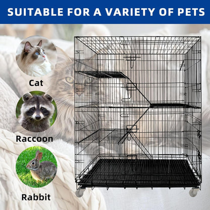 Cat Cage Large 4-Tier Indoor Cat Enclosure with Removable Tray & 2 Ladders, Foldable Metal Wire Cat Playpen with 360° Wheels, for 1-2 Cats & Small Pets, 35.4" L × 22.4" W × 49.2" H (Black