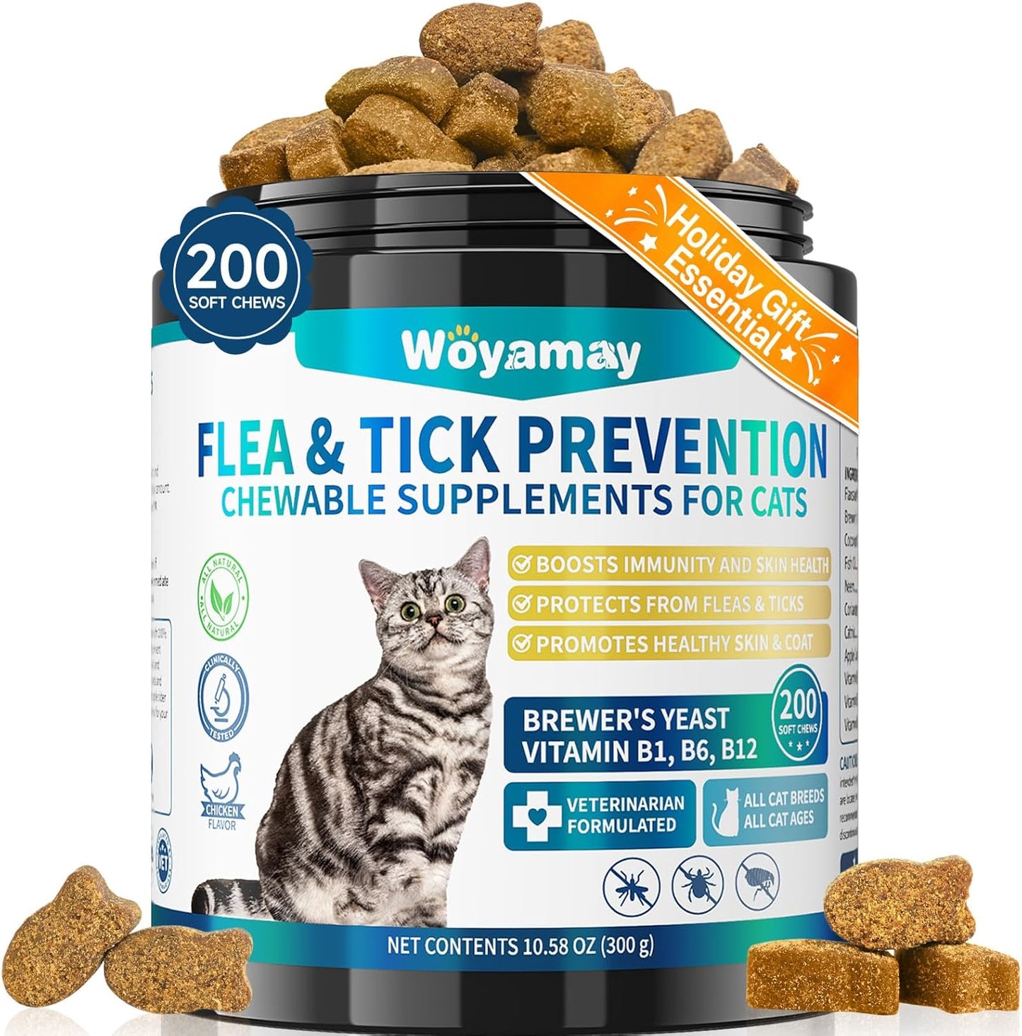 Flea Treatment for Cats, 200 Treats Flea and Tick Prevention for Cats Chewables, Natural Cat Flea and Tick Treatment Chews Daily Oral Flea Supplement, Kitten Cat Flea Treatment, Chicken Flavor