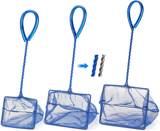 3 Pack Aquarium Net, Multi-Size Fine Quick Fish Catch Nets Extra Soft Nylon Fishing Nets with Plastic Handle for Aquarium Fish Tank Supplies- Blue (4in,5in, 6in)