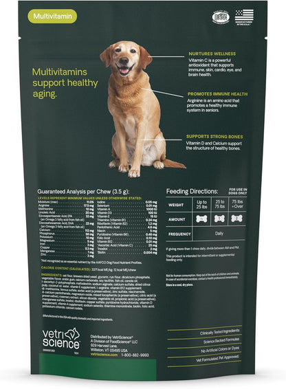 VetriScience Senior 27+ Active Health Chews, Canine Plus Daily Multivitamin for Senior Dogs, Balanced Vitamins, Minerals and Antioxidants, Healthy Aging and Wellness Support, Veggie, 60 Count