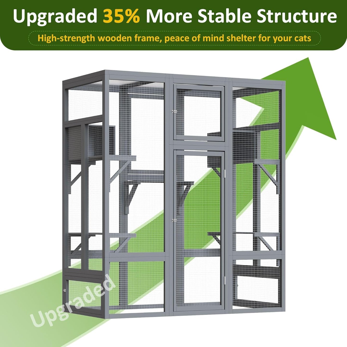70 Inch Catio Outdoor Cat Enclosure, Large Cat House for Outdoor Cats with Enhanced Security Structure, Outside Cat Patio Cattery Weatherproof for Multiple Indoor Outdoor Cats, Grey