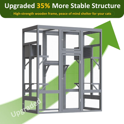 70 Inch Catio Outdoor Cat Enclosure, Large Cat House for Outdoor Cats with Enhanced Security Structure, Outside Cat Patio Cattery Weatherproof for Multiple Indoor Outdoor Cats, Grey