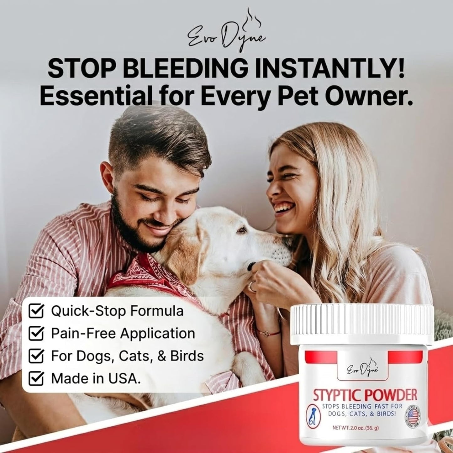 Styptic Powder for Dogs, Cats, and Birds (2 oz) by Evo Dyne | Fast-Acting Blood Stop for Pets | Quick Stop Bleeding Powder for Dog Nail Clipping, Grooming, Cuts and More (1-Pack)